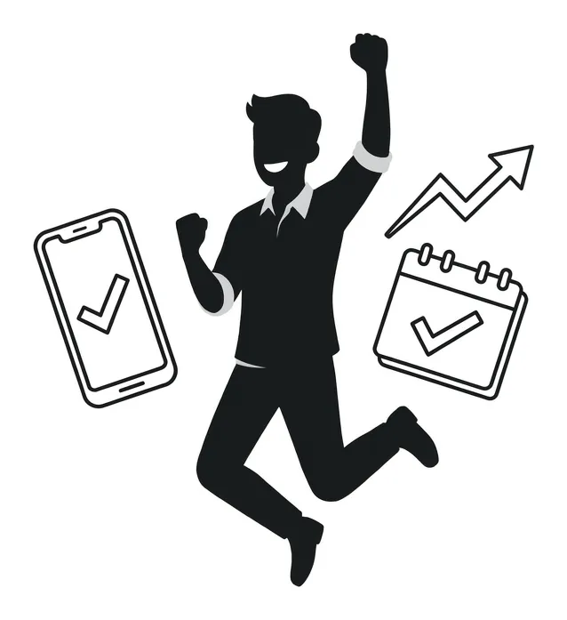 Lealdo jumping for joy after closing a sale, with a phone and a calendar marked with checkmarks.